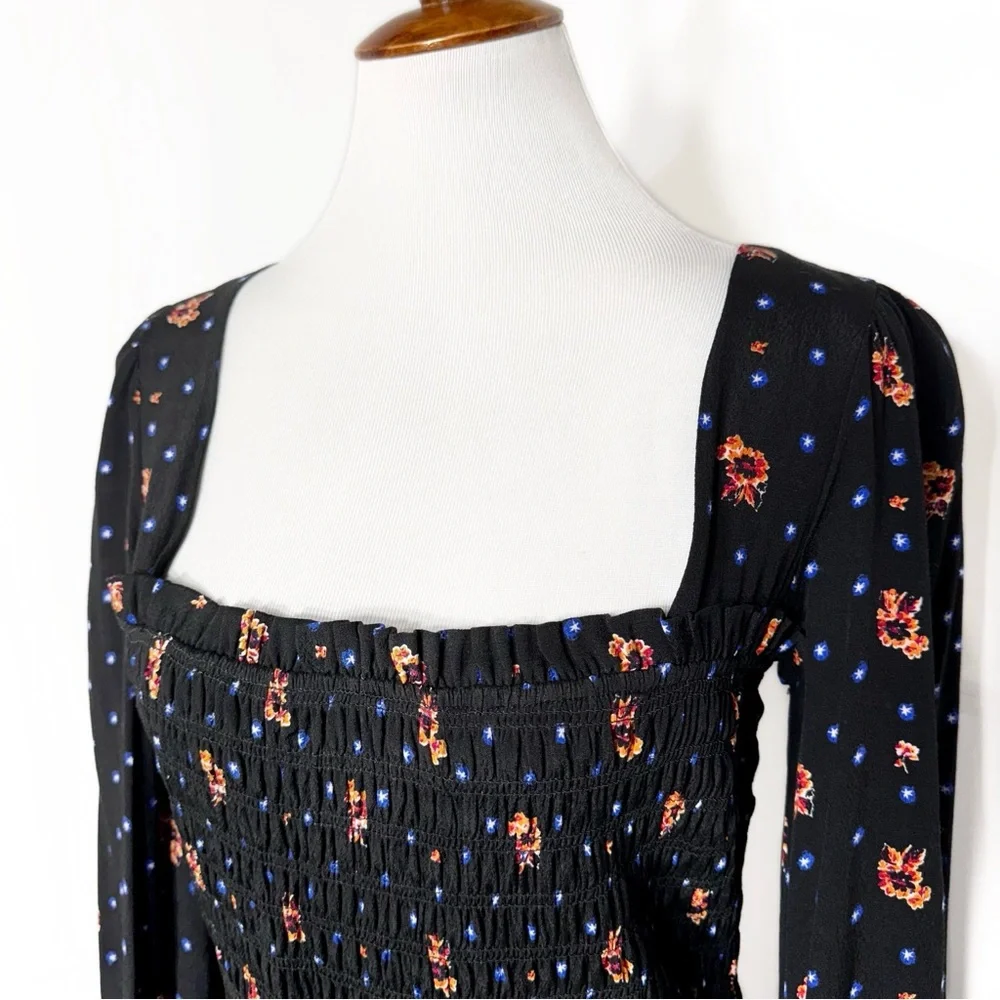 Free People Smocked Floral Celestial Star Black Long Sleeve Skater Mini Dress - Picture 3 of 14